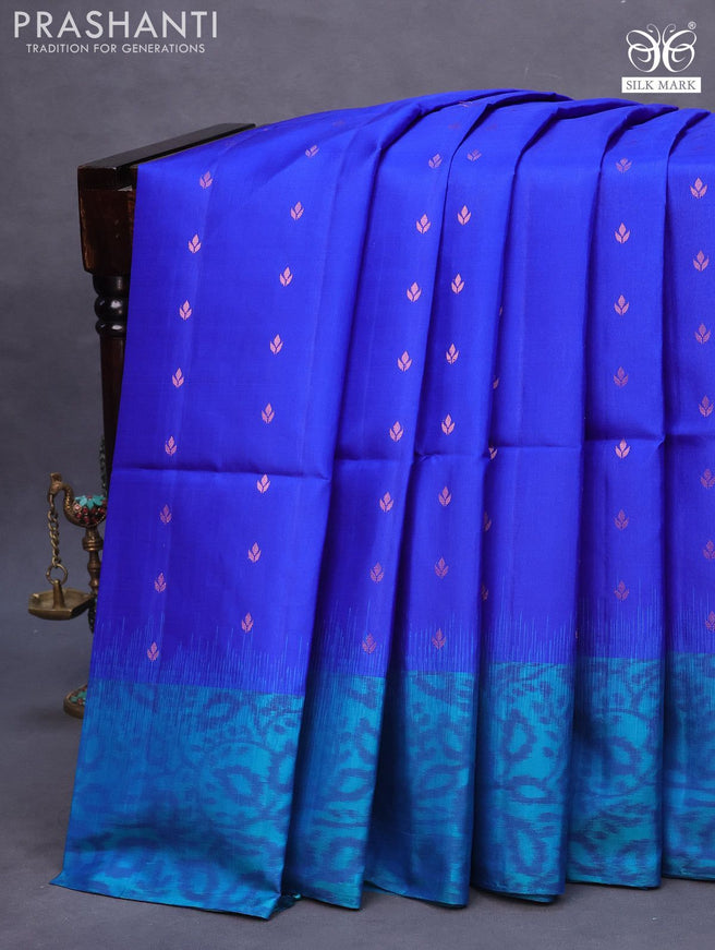 Pure soft silk saree royal blue and dual shade of teal bluish green with allover zari woven buttas and ikat style border