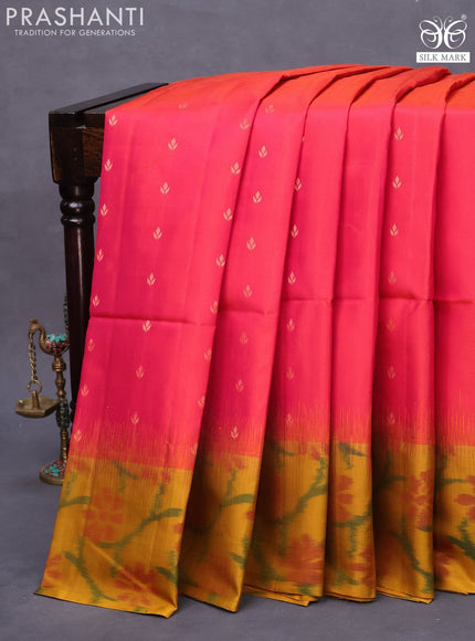 Pure soft silk saree dual shade of pink and mustard yellow with allover copper zari woven buttas and ikat style border