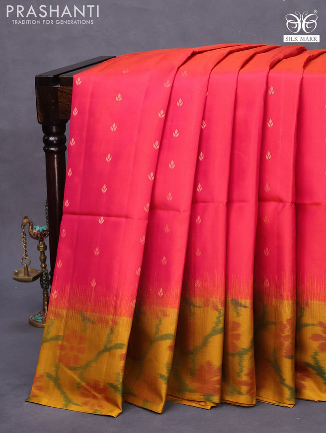 Pure soft silk saree dual shade of pink and mustard yellow with allover copper zari woven buttas and ikat style border