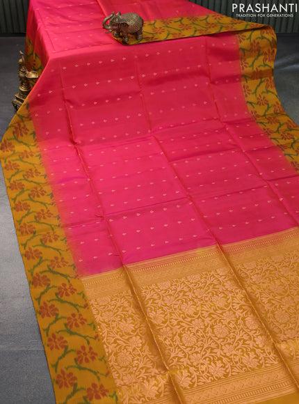 Pure soft silk saree dual shade of pink and mustard yellow with allover copper zari woven buttas and ikat style border