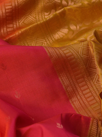 Pure soft silk saree dual shade of pink and mustard yellow with allover copper zari woven buttas and ikat style border