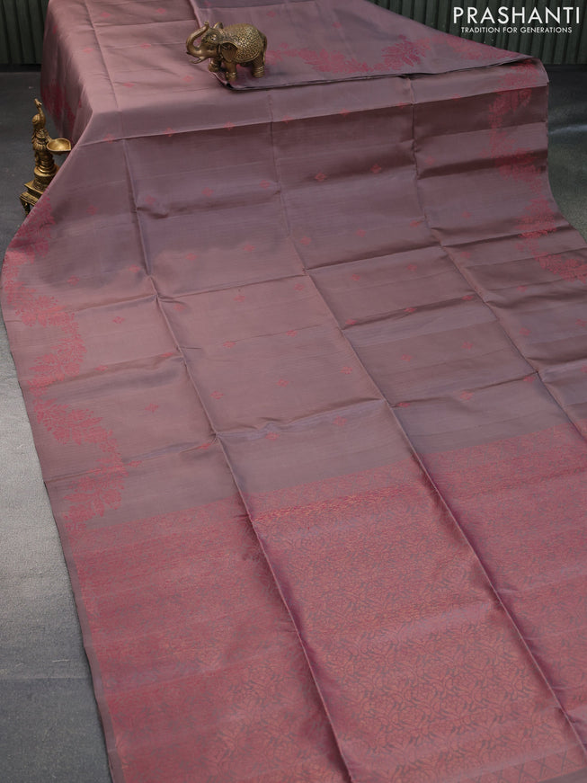 Pure soft silk saree greyish brown with thread & zari woven buttas in borderless style