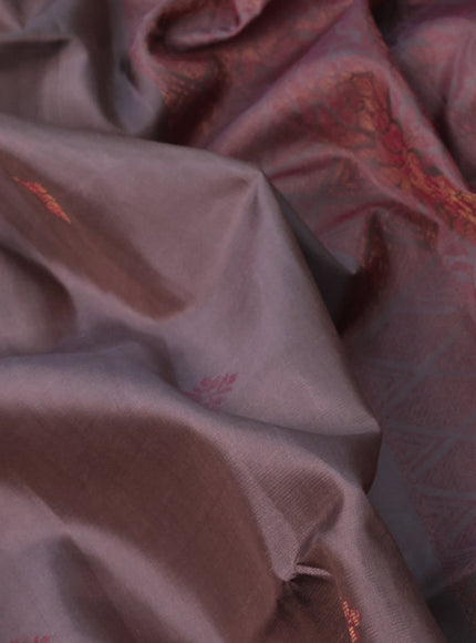 Pure soft silk saree greyish brown with thread & zari woven buttas in borderless style