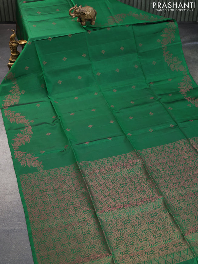 Pure soft silk saree green with thread & zari woven buttas in borderless style