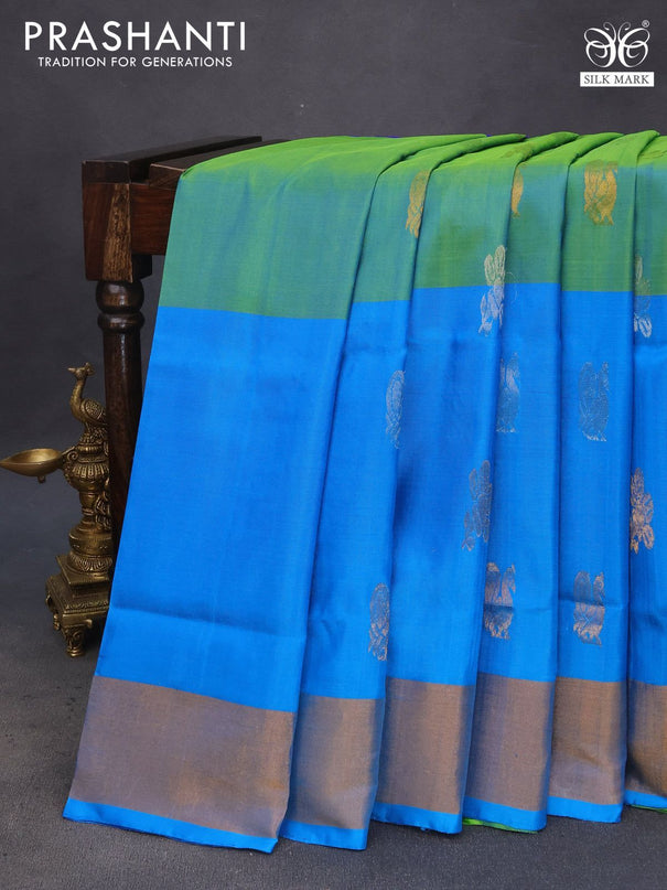 Pure uppada silk saree blue and cs blue green with zari woven buttas and zari woven border