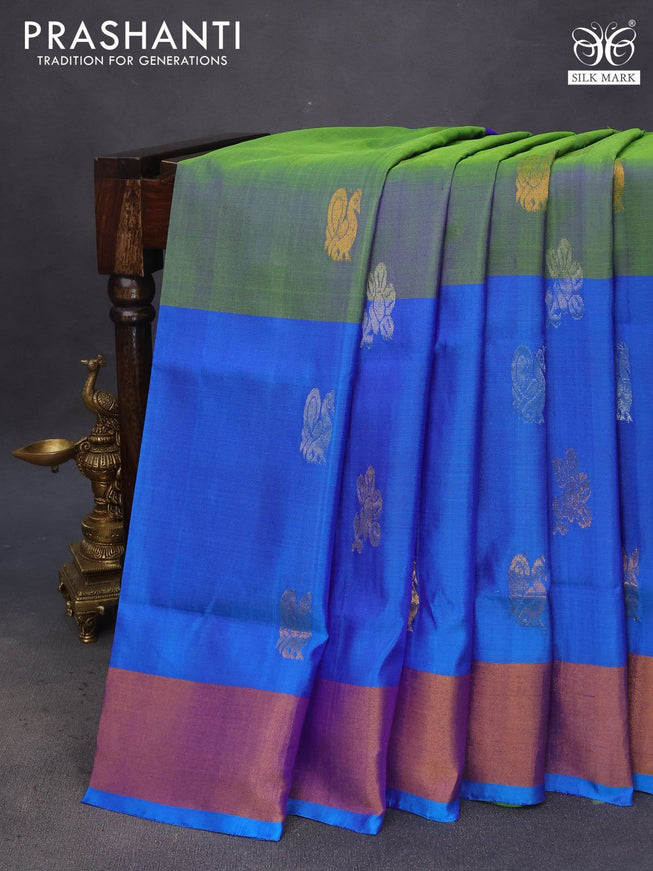 Pure uppada silk saree blue and dual shade of green blue with zari woven buttas and zari woven border