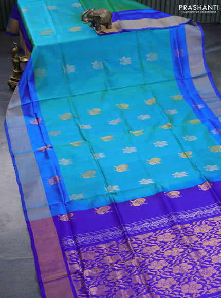 Pure uppada silk saree dual shade of teal blue and blue with silver & gold zari woven buttas and zari woven border