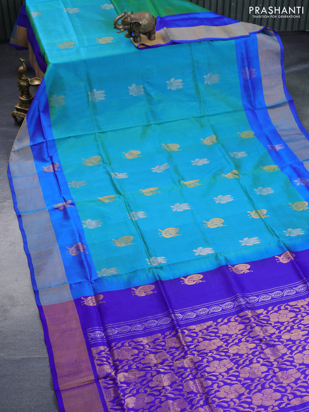 Pure uppada silk saree dual shade of teal blue and blue with silver & gold zari woven buttas and zari woven border