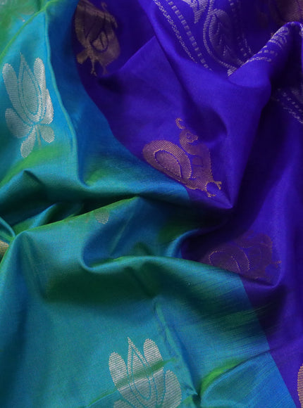 Pure uppada silk saree dual shade of teal blue and blue with silver & gold zari woven buttas and zari woven border