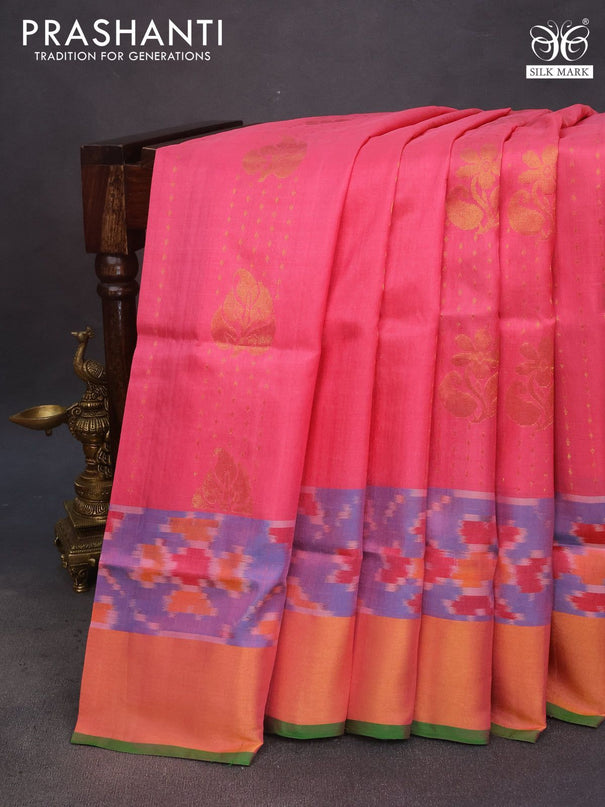 Pure uppada silk saree pink and green with allover zari weaves and ikat style zari woven border