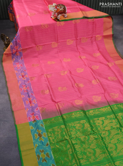 Pure uppada silk saree pink and green with allover zari weaves and ikat style zari woven border