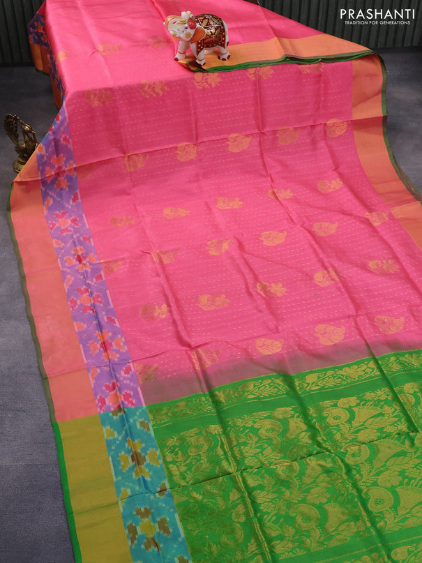 Pure uppada silk saree pink and green with allover zari weaves and ikat style zari woven border