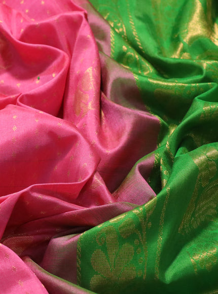 Pure uppada silk saree pink and green with allover zari weaves and ikat style zari woven border