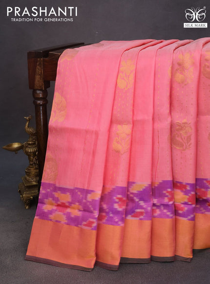 Pure uppada silk saree peach pink and green with allover zari weaves and ikat style zari woven border