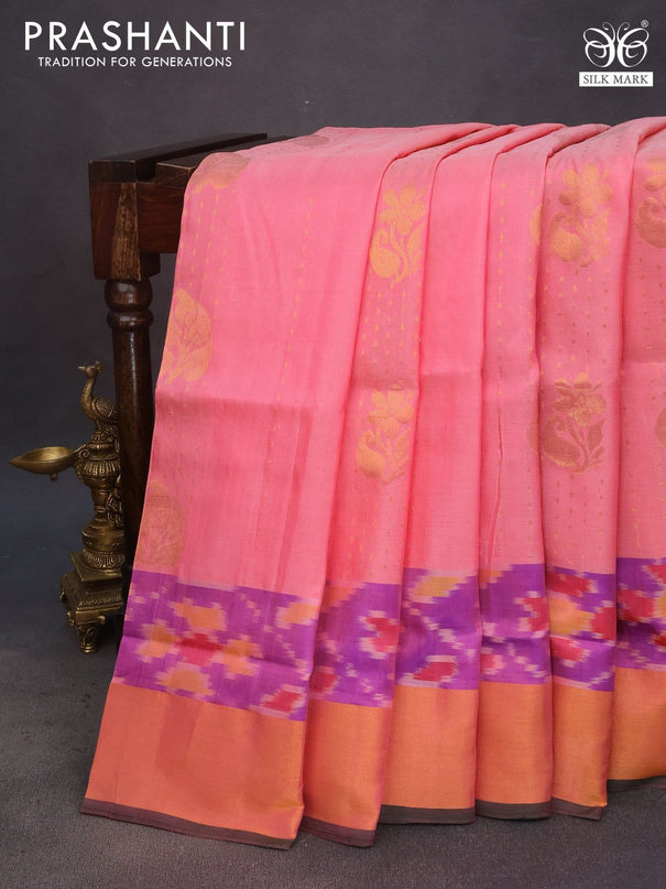 Pure uppada silk saree peach pink and green with allover zari weaves and ikat style zari woven border