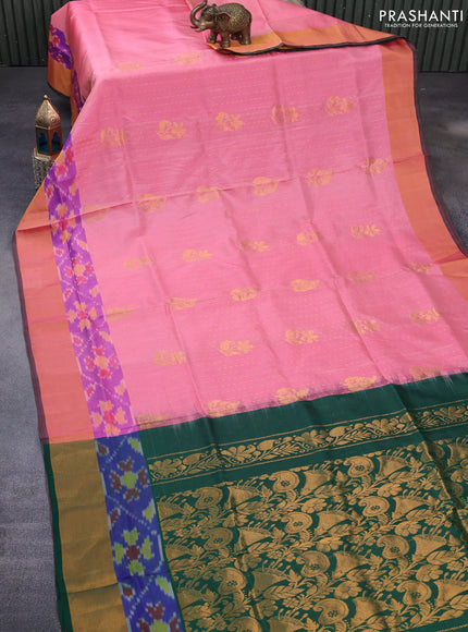 Pure uppada silk saree peach pink and green with allover zari weaves and ikat style zari woven border