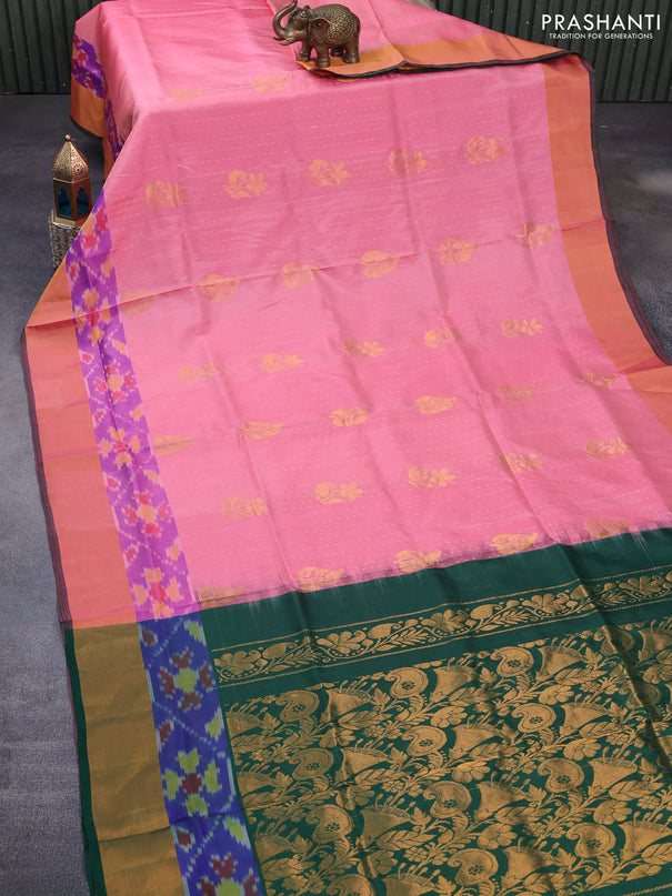 Pure uppada silk saree peach pink and green with allover zari weaves and ikat style zari woven border