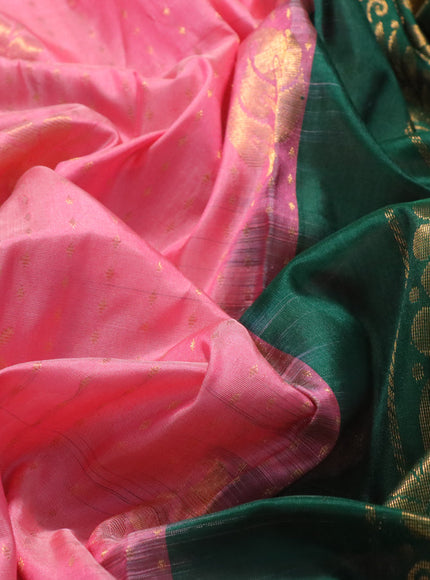 Pure uppada silk saree peach pink and green with allover zari weaves and ikat style zari woven border