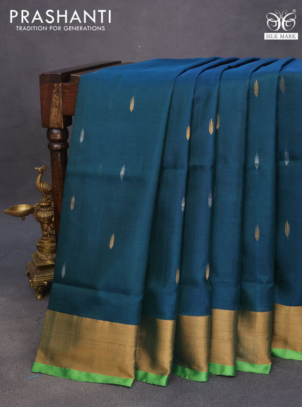 Pure uppada silk saree peacock green and light green with silver & gold zari woven buttas and jamdhani design pallu & zari woven border