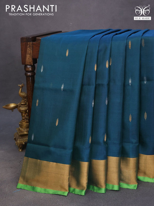 Pure uppada silk saree peacock green and light green with silver & gold zari woven buttas and jamdhani design pallu & zari woven border