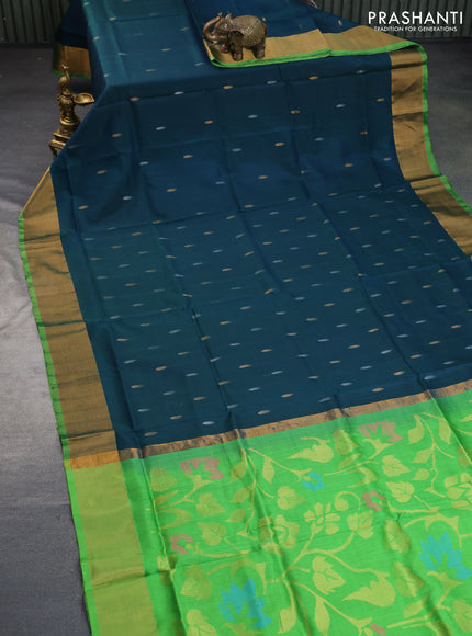 Pure uppada silk saree peacock green and light green with silver & gold zari woven buttas and jamdhani design pallu & zari woven border