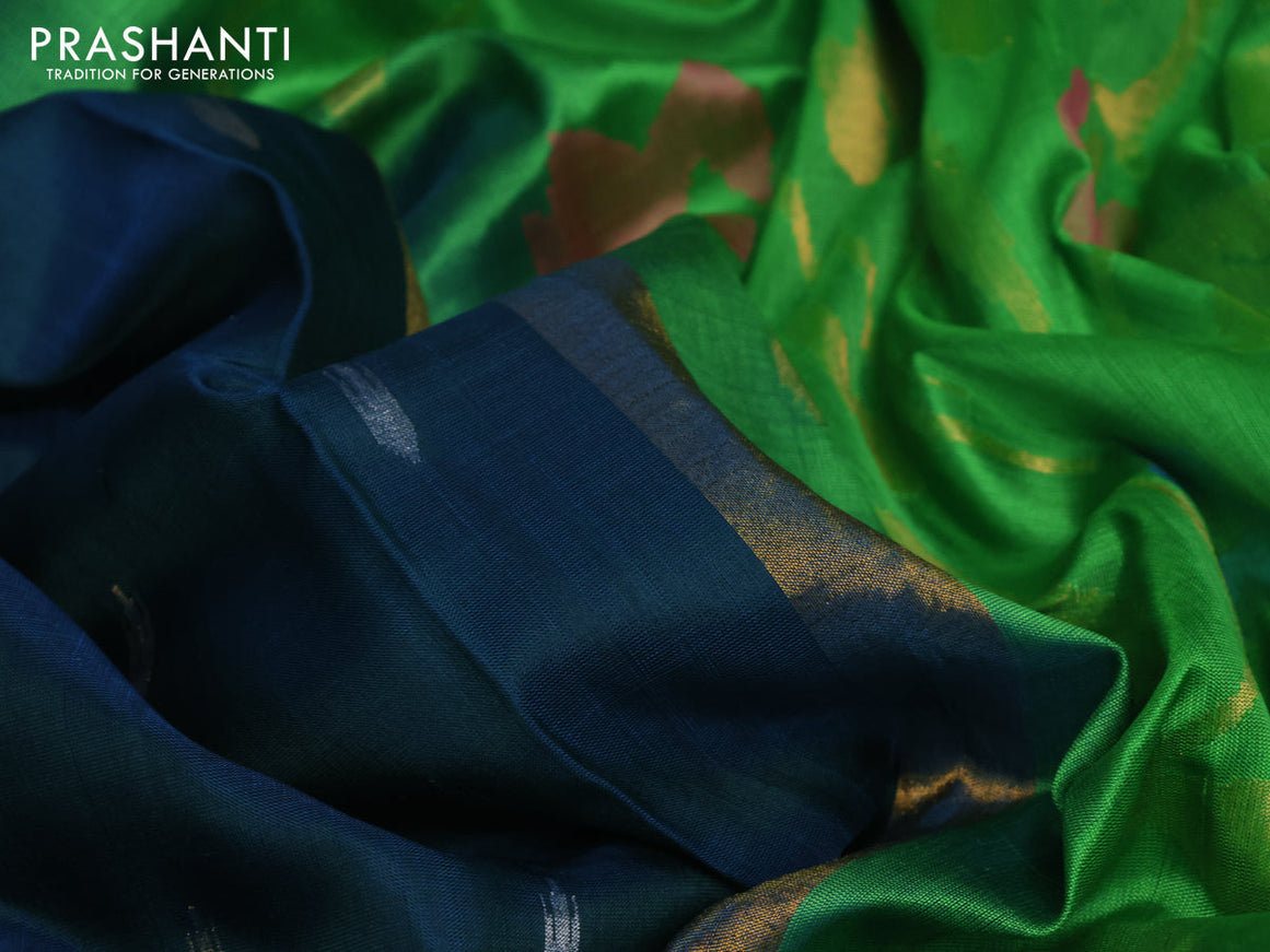 Pure uppada silk saree peacock green and light green with silver & gold zari woven buttas and jamdhani design pallu & zari woven border