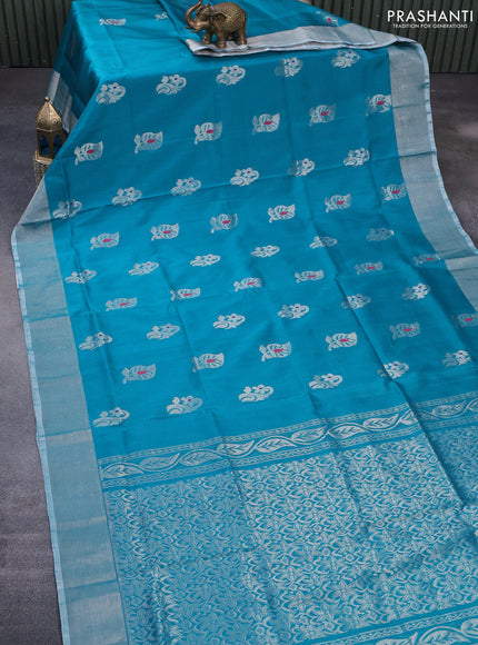 Pure uppada silk saree teal blue shade with thread & silver zari woven buttas and silver zari woven border