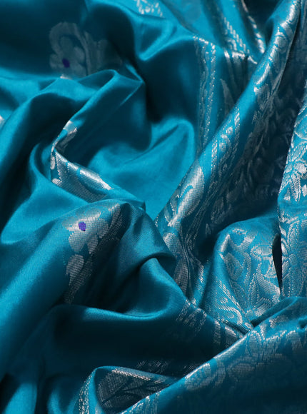 Pure uppada silk saree teal blue shade with thread & silver zari woven buttas and silver zari woven border