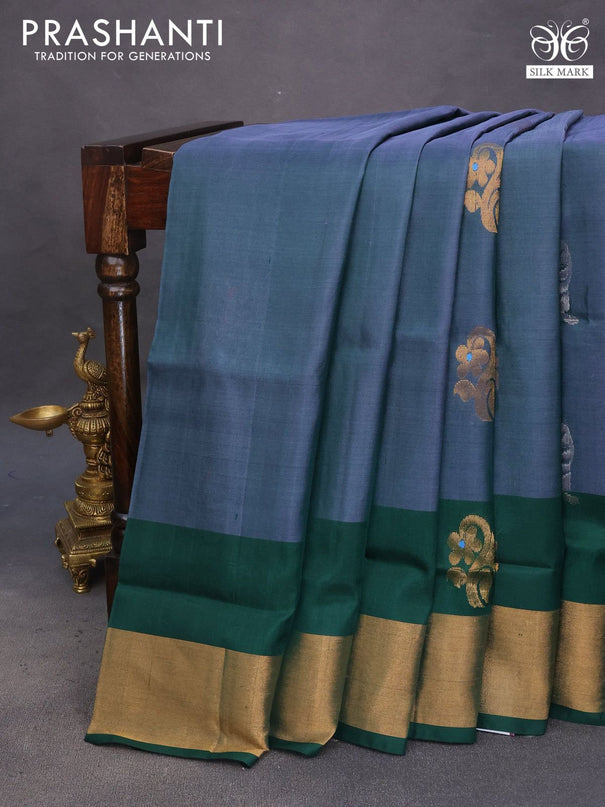 Pure uppada silk saree dual shade of greyish green and bottle green with silver & gold zari woven buttas and zari woven border