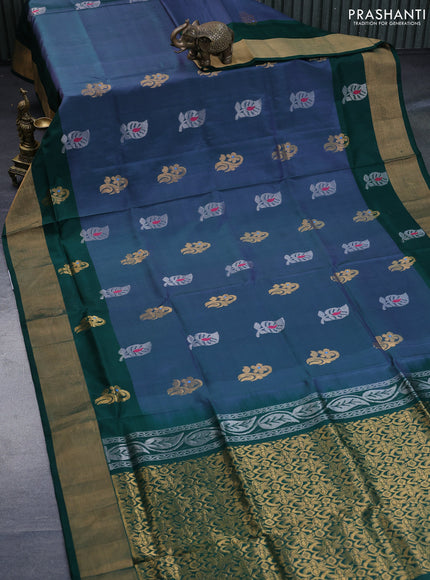 Pure uppada silk saree dual shade of greyish green and bottle green with silver & gold zari woven buttas and zari woven border