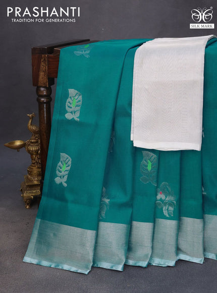 Pure uppada silk saree teal blue shade with thread & silverzari woven buttas and silver zari woven border