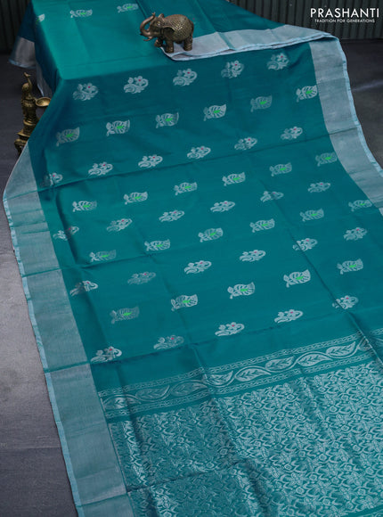 Pure uppada silk saree teal blue shade with thread & silverzari woven buttas and silver zari woven border