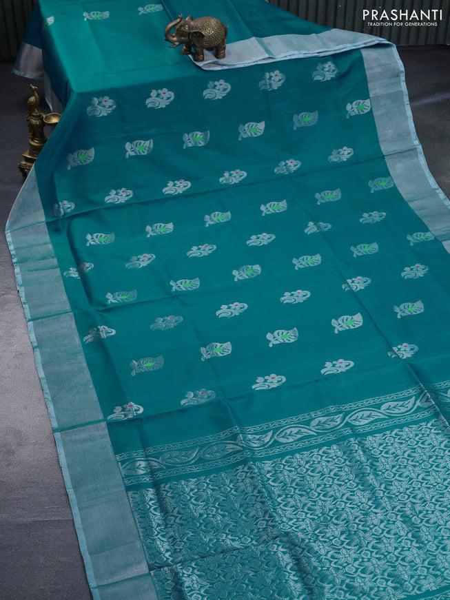 Pure uppada silk saree teal blue shade with thread & silverzari woven buttas and silver zari woven border