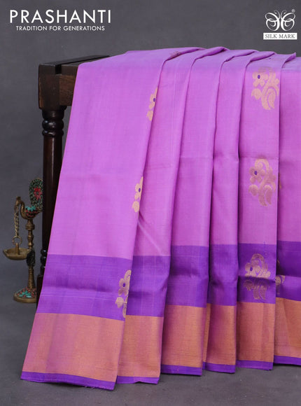 Pure uppada silk saree lavender and blue with silver & gold zari woven buttas and zari woven border