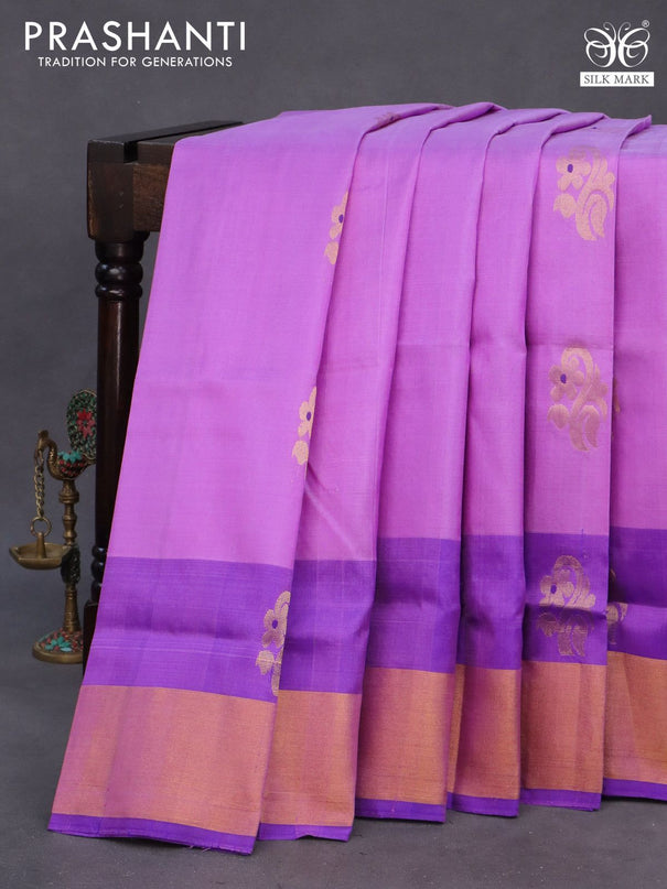 Pure uppada silk saree lavender and blue with silver & gold zari woven buttas and zari woven border