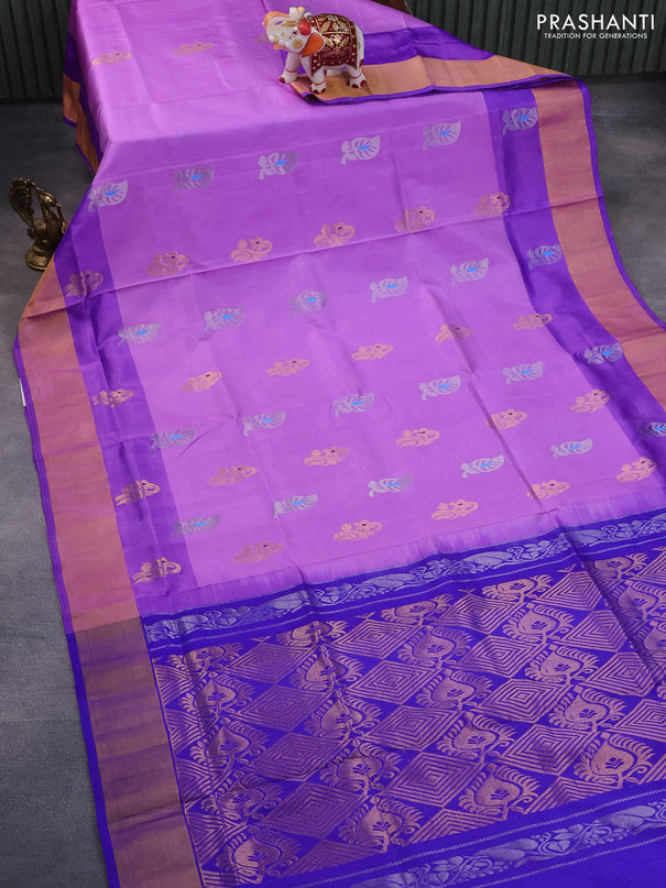 Pure uppada silk saree lavender and blue with silver & gold zari woven buttas and zari woven border