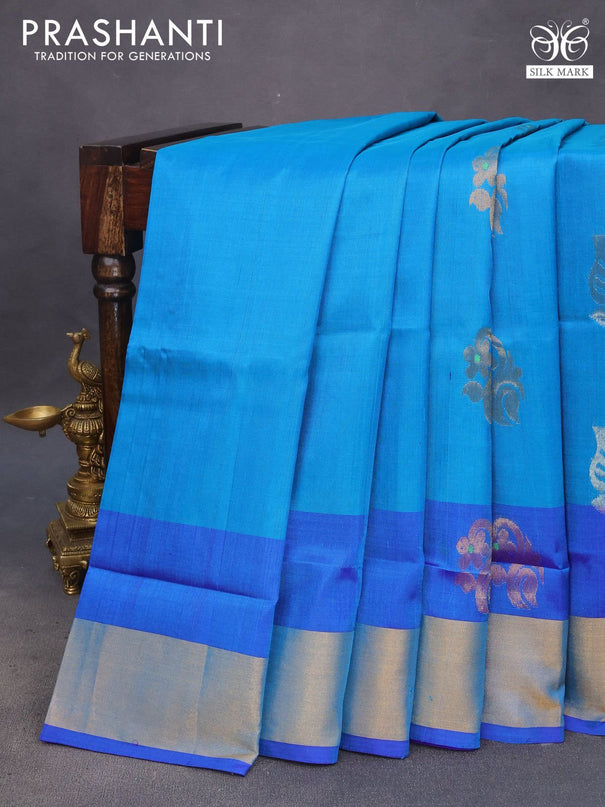 Pure uppada silk saree cs blue and blue with silver & gold zari woven buttas and zari woven border