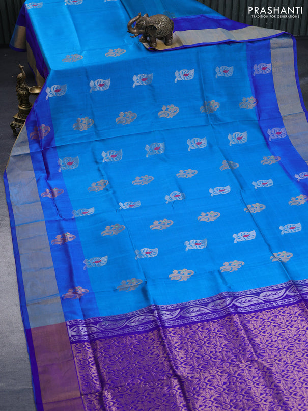 Pure uppada silk saree cs blue and blue with silver & gold zari woven buttas and zari woven border