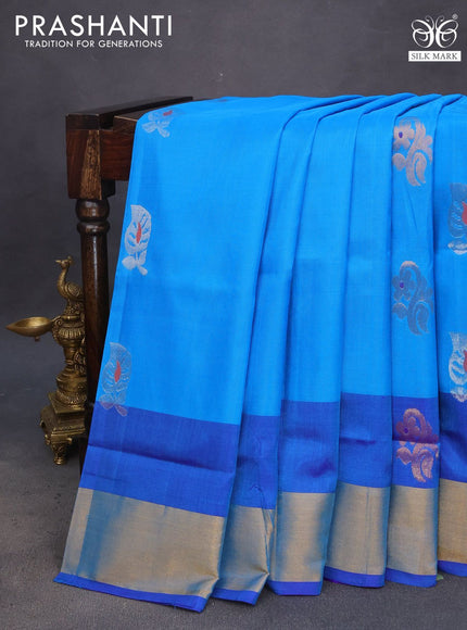 Pure uppada silk saree cs blue and blue with silver & gold zari woven buttas and zari woven border