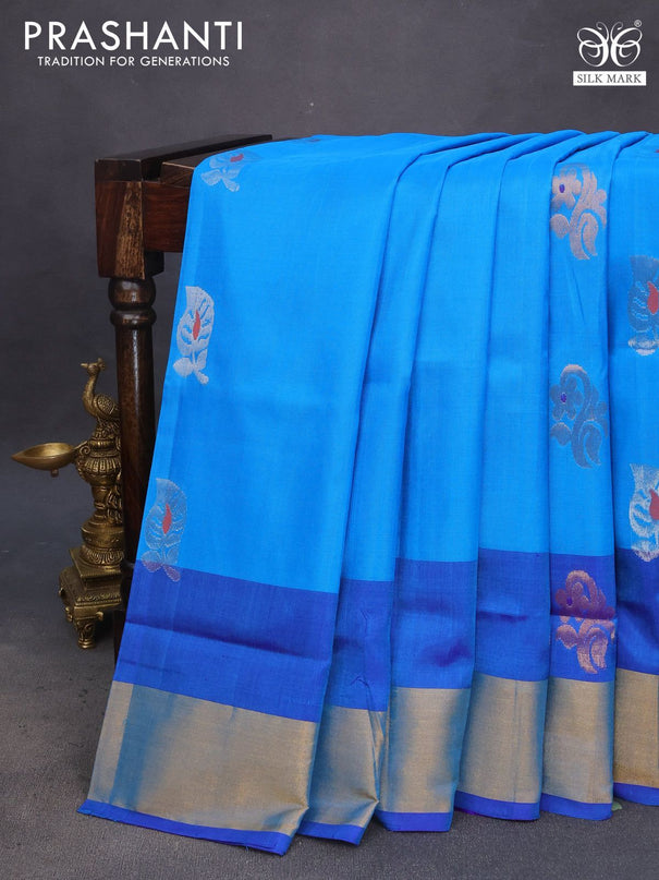 Pure uppada silk saree cs blue and blue with silver & gold zari woven buttas and zari woven border