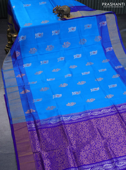 Pure uppada silk saree cs blue and blue with silver & gold zari woven buttas and zari woven border