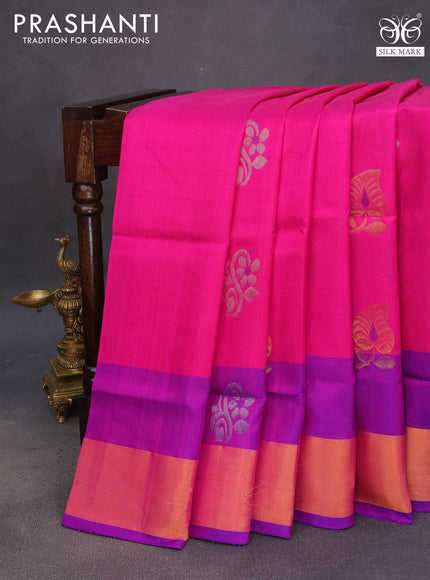 Pure uppada silk saree pink and blue with silver & gold zari woven buttas and zari woven border