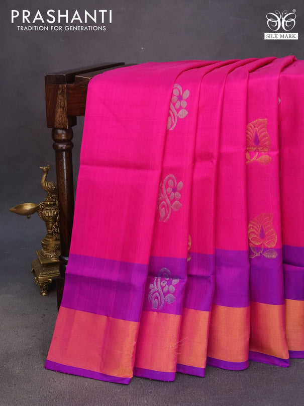 Pure uppada silk saree pink and blue with silver & gold zari woven buttas and zari woven border