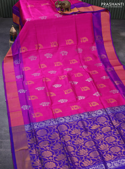 Pure uppada silk saree pink and blue with silver & gold zari woven buttas and zari woven border