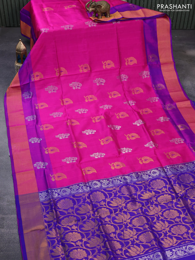 Pure uppada silk saree pink and blue with silver & gold zari woven buttas and zari woven border