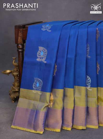 Pure uppada silk saree peacock blue and yellow with silver & gold zari woven buttas and zari woven border