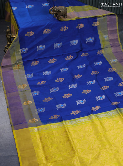 Pure uppada silk saree peacock blue and yellow with silver & gold zari woven buttas and zari woven border