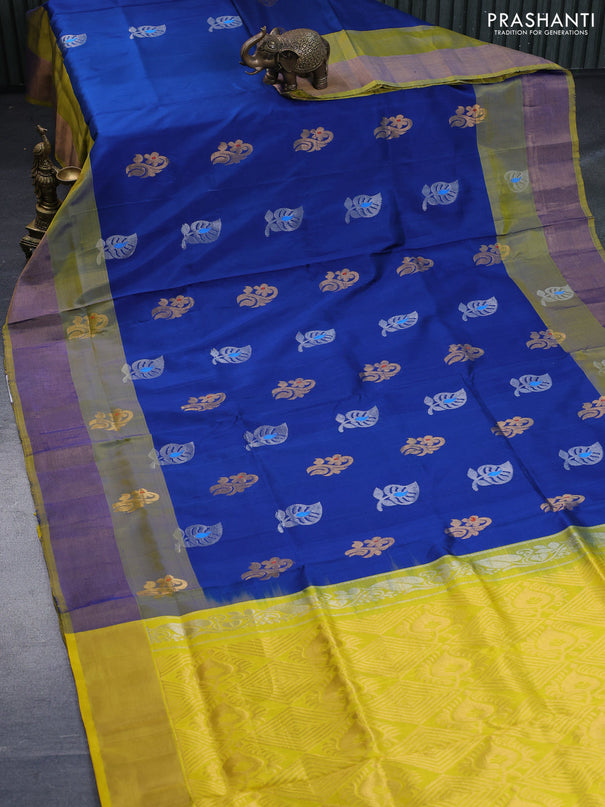 Pure uppada silk saree peacock blue and yellow with silver & gold zari woven buttas and zari woven border