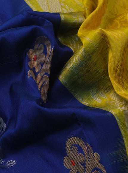 Pure uppada silk saree peacock blue and yellow with silver & gold zari woven buttas and zari woven border