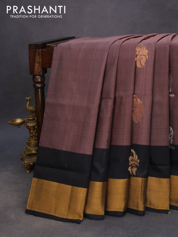 Pure uppada silk saree rosy brown and black with silver & gold zari woven buttas and zari woven border